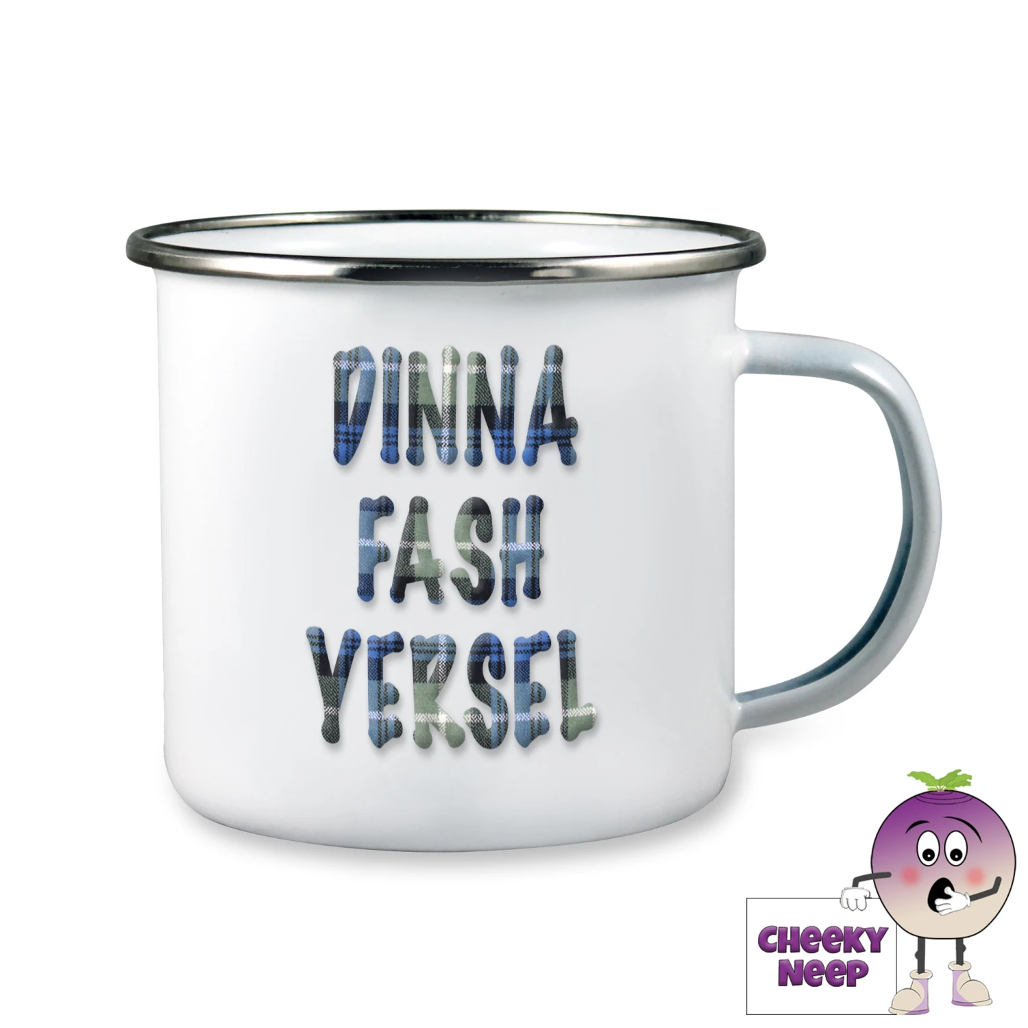 Enamel Camping Mug Showing "Dinna Fash Yersel" 3 Enamel Camping Mug Showing "Dinna Fash Yersel"