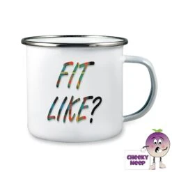 Enamel Camping Mug Showing "Fit Like?" In Tartan Text.