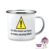 Enamel Camping Mug Showing "I'm The Reason...warning Labels" 2 Enamel Camping Mug Showing "I'm The Reason...warning Labels" -CheekyNeep Store 10oz enamel camping mug warning labels CN 0003 0007 by cheekyneep.com