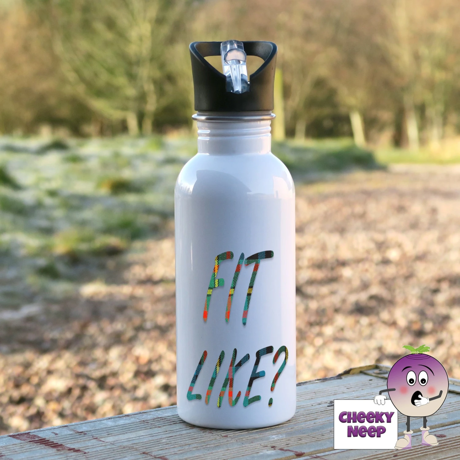 600ml Water Bottle Showing "Fit Like?" In Tartan Text. 3 600ml Water Bottle Showing "Fit Like?" In Tartan Text.