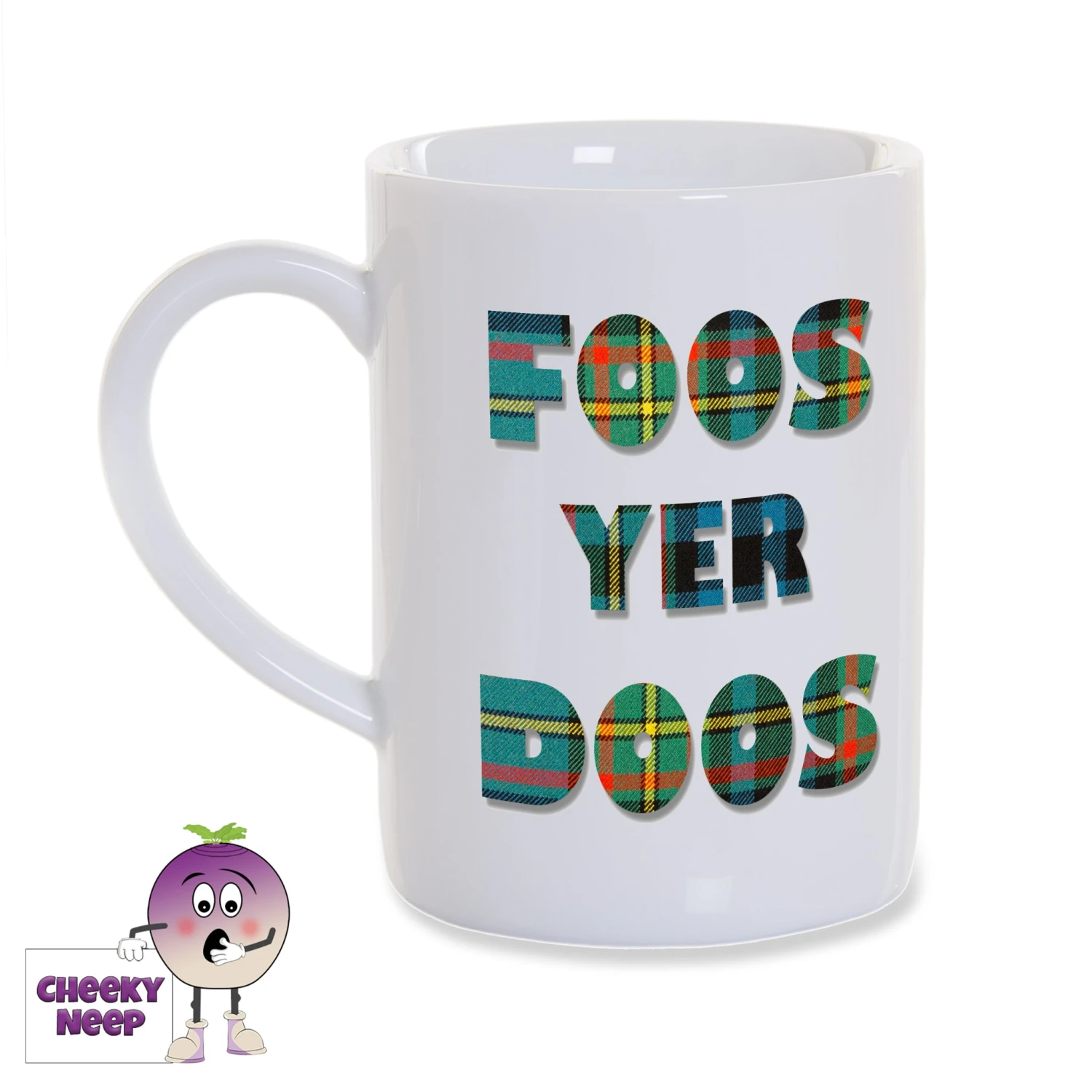 8oz Porcelain Mug Saying "Foos Yer Doos" In Tartan Text 3 8oz Porcelain Mug Saying "Foos Yer Doos" In Tartan Text