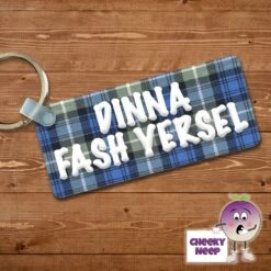 Rectangular Keyring Showing "Dinna Fash Yersel" Tartan