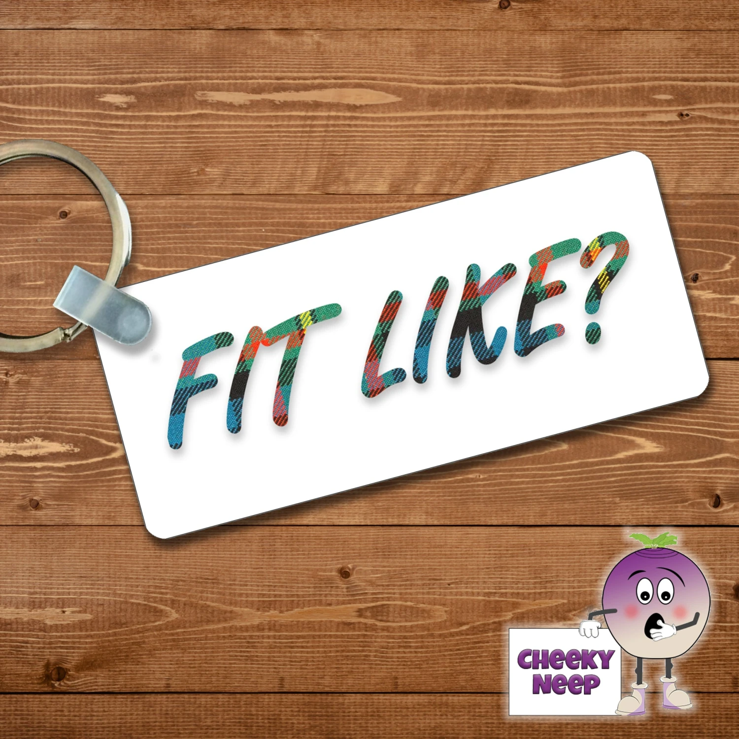 Rectangular Keyring Showing "Fit Like?" White 3 Rectangular Keyring Showing "Fit Like?" White