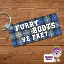 Rectangular Keyring Showing "Furry Boots Ye Fae?" Tartan