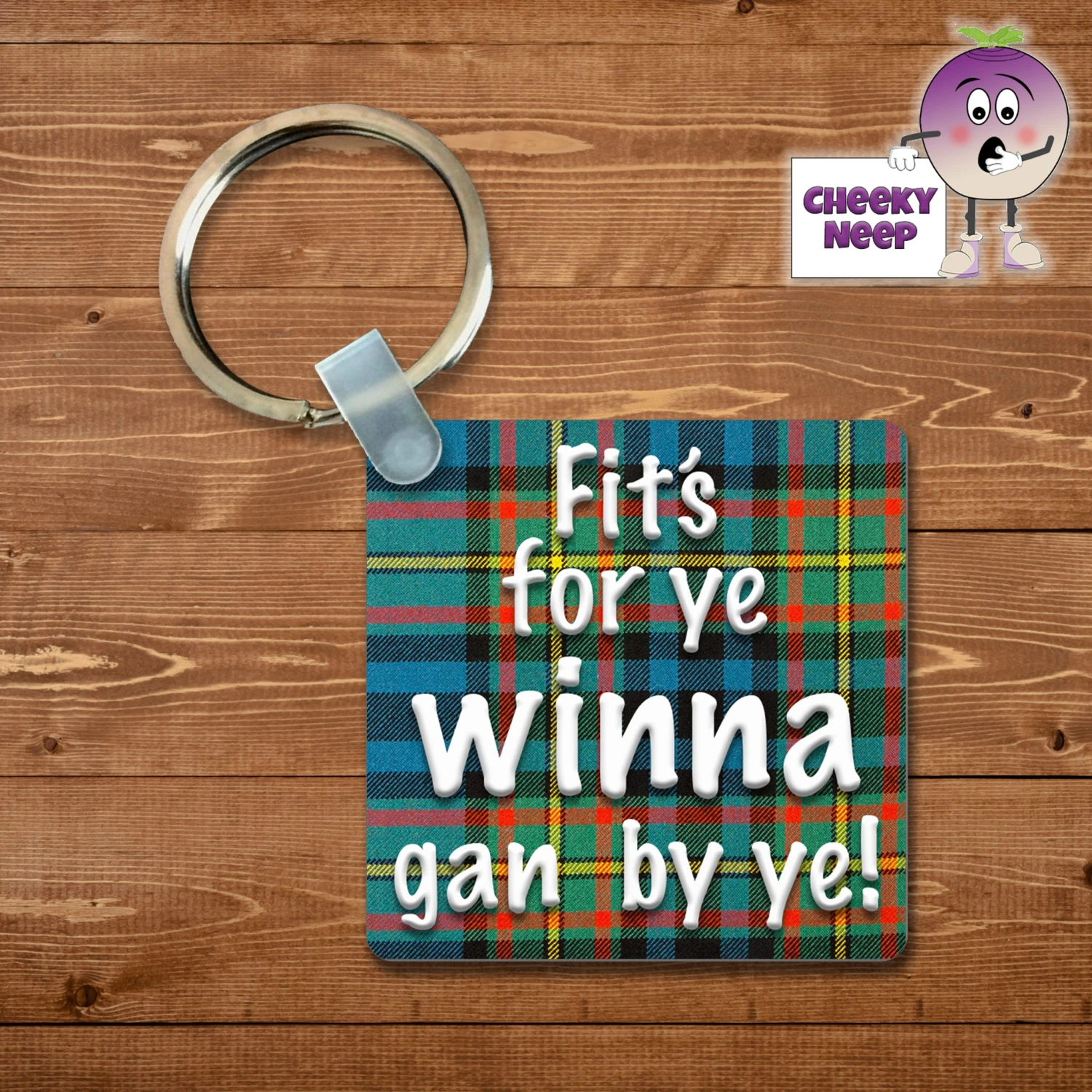 Square Keyring Showing "Fits For Ye Winna Gan By Ye!" Tartan 3 Square Keyring Showing "Fits For Ye Winna Gan By Ye!" Tartan