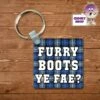 Square Keyring Showing "Furry Boots Ye Fae?" Tartan -CheekyNeep Store square plastic two sided keyring furry boots reverse CN 0007 0043 by cheekyneep.com